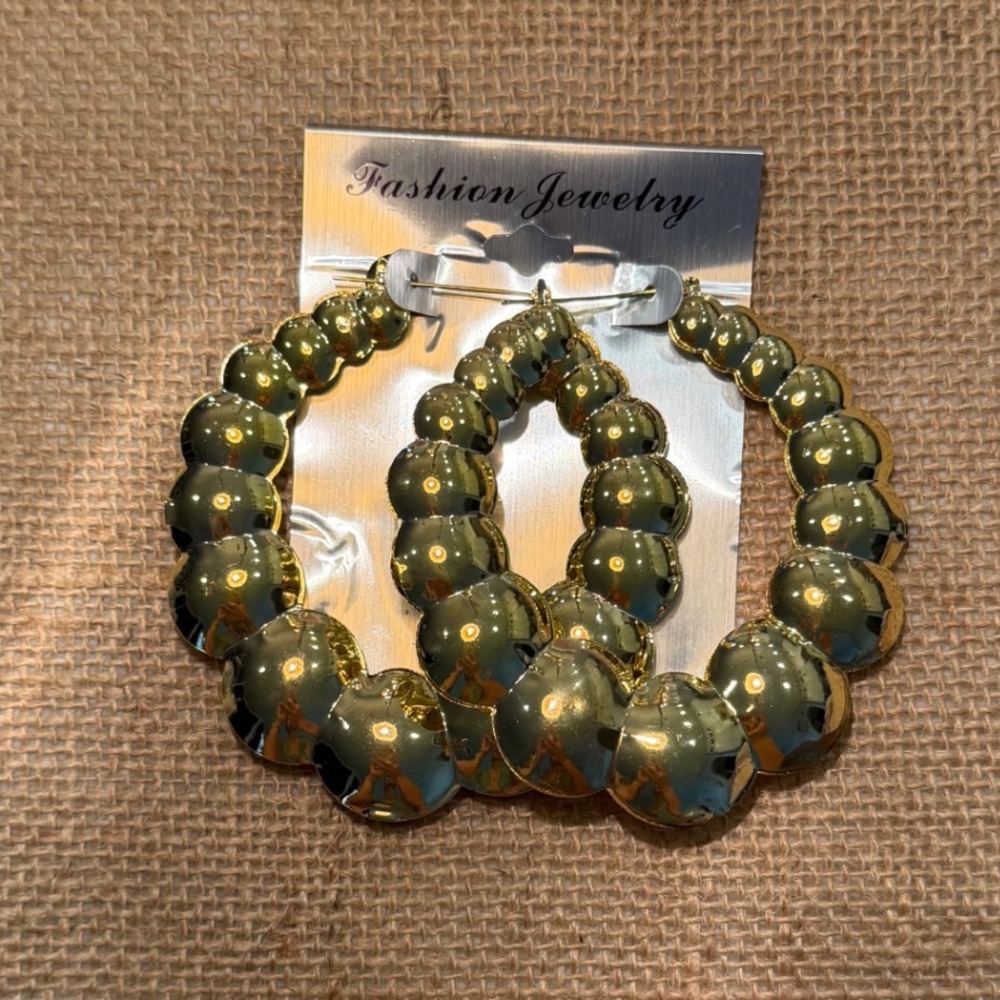 Gold Oversized Bubble Hoop Earrings Chunky Bamboo Style Statement Jewelry NEW